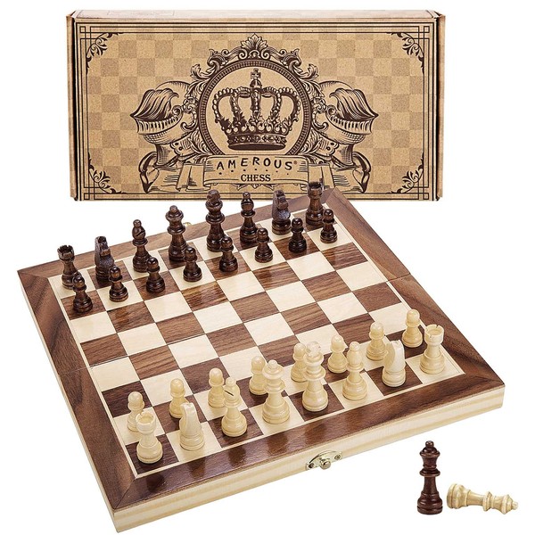 AMEROUS 12" x 12" Magnetic Wooden Chess Set for Adults and Kids, 2 Bonus Extra Queens, Folding Board with Storage Slots, Handmade Chess Pieces, Portable Travel Chess Board Game Sets
