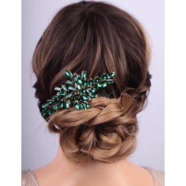 Lenjicons Bridal Rhinestone Hair Comb Teardrop Rhinestone Wedding Headpiece Handmade Crystal Wedding Hairpiece Bridal Hair Accessories for Women (peacock green)