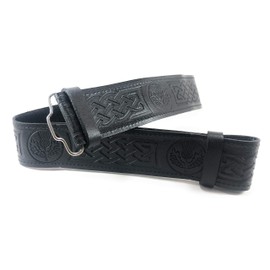 Cinturón escocés de piel negro con diseño de cardo en relieve, Negro, Medium
