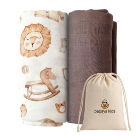 Papaya Kids Muslin Swaddle Blankets for Newborns – Safari Animal Print & Toast Brown, Soft Bamboo Viscose & Cotton Muslin Baby Swaddle Set, Gender Neutral Receiving Blanket with Gift Bag, 2-Pack