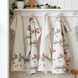 Catherine Lansfield Christmas Town 50 x 75 cm Cotton Tea Towels, Pack of 4, Natural