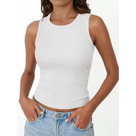 Trendy Queen Womens Tank Tops Summer 2025 Ribbed Racerback Sleeveless Workout High Neck Beach Fashion Vacation Oufits Gym Clothes White L