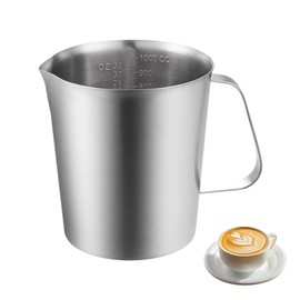 Sporgo Messbecher Edelstahl: 1000 ML Milchkännchen, Barista Milchschaumkännchen mit Messung Mark, Handheld Aufschäumkännchen, für Cappuccino,Latte und Espresso