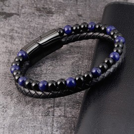 Unbranded Lapis Lazuli Obsidian Beads Men's Braided Leather Bracelet Magnetic Clasp Bangle