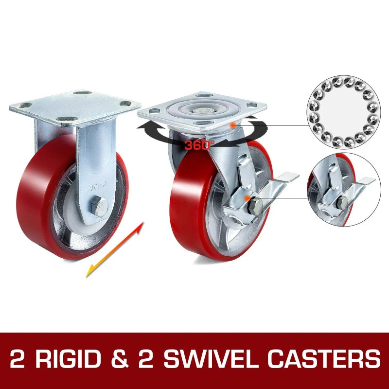 Polyurethane Caster Wheels 4 Inch Red Side Brake Ball Bearing