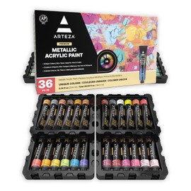 ARTEZA Metallic Acrylic Paint Set of 36 Colors, 0.74 ounce Tubes Non Toxic Artist Paints for Hobby Painters, Art Supplies for Canvas Painting