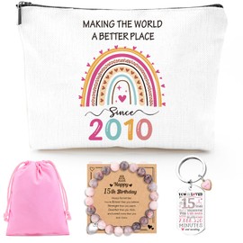 Luvsweets 15th Birthday Gifts for Teen Girls - 2010 Birthday Makeup Bag, You Have Been Loved For 15 Years Keychain, Sweet Healing Bracelets, 15 Year Old Birthday Gift Ideas for Daughter Granddaughter