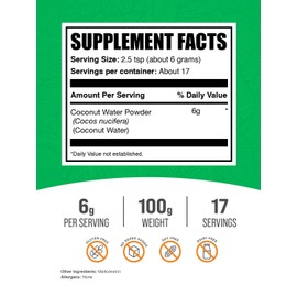 BulkSupplements.com Coconut Water Powder - Electrolyte Supplement, Water Flavoring & Enhancer - No Sugar Added & Gluten Free, 6g per Serving, 100g (3.5 oz) (Pack of 1)