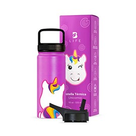 Botella de Agua para Niños Resistente con Popote y Asa, Termo de Unicornio de 532 ml para Bebidas Frías y Calientes más Tiempo y Sin Fugas. Unicorn Ki