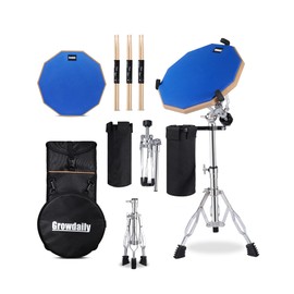 GrowDaily Drum Practice Pad Snare Drum Stand Set 12 In With Blue Double Sided Silent Drum Pad,Drum Dampeners Gel, Drum sticks,Carrying Bag Adjustable Stand(Fits 10''-14'' Drums) (Blue)
