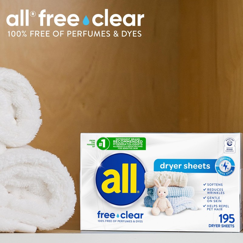 all Fabric Softener Dryer Sheets for Sensitive Skin, Free Clear,