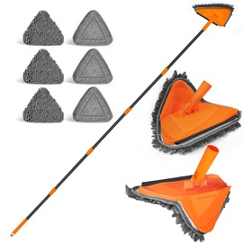 JEHONN Wall Mop with Long Handle 80 inches, Upgraded 180° Collapsible Baseboard Cleaner Tool with Squeegee, Ceiling Duster with 3 Microfiber and 3 Chenille Pads for Cleaning Window, Cabinet (Orange)