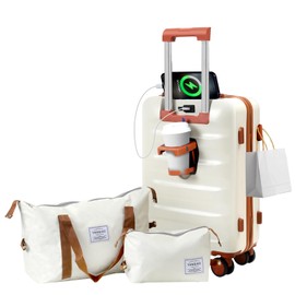 YANQIAO 20” Suitcase Set 3 Pcs, Airline Certified Luggage, Carry-on Luggage, Hard Shell Lightweight Luggage with Spinner Wheels (Luggage + 2 Travel Bags, White)