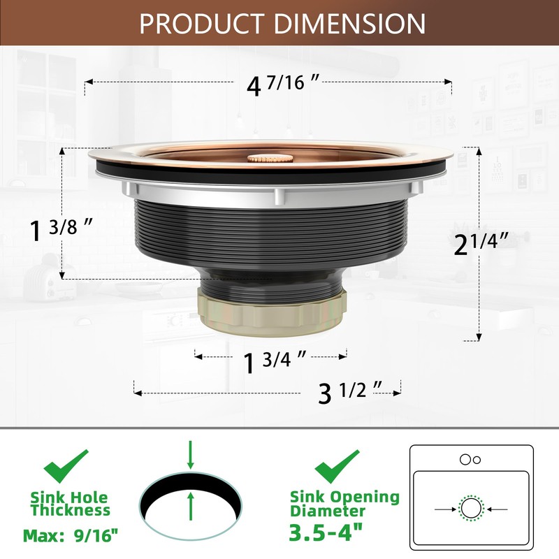 EXAKEY Kitchen Sink Drain Copper 3-1/2 Inch Stainless Steel Kitchen