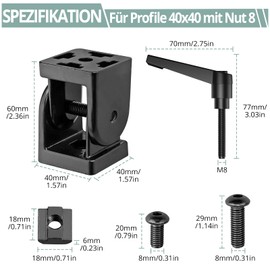 COLFULINE 2 x Joint Connectors, Joint Aluminium Profile, 40 x 40 mm Groove 8, Adjustable Angle Connector, Zinc Alloy, Flexible Hinge, 180° Rotation Range, with Clamping Lever, Mounting Accessories for