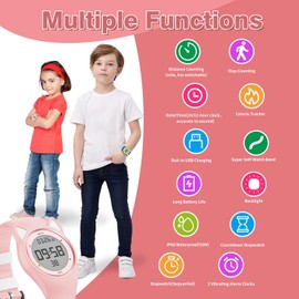 HUYVMAY No App Fitness Tracker Pedometer Watch, Long Battery Life, Rechargeable Watch with 2 Alarm Clocks, Stopwatch, Distance/Calorie/Step Counter for Boys Girls Kids Aged 5 and Above (Pink)