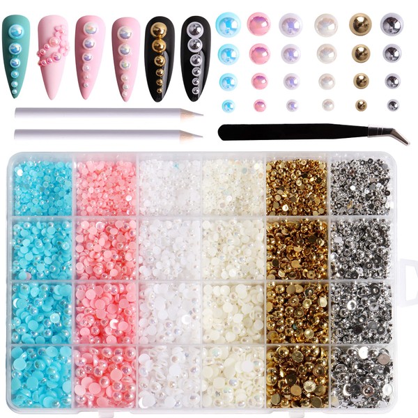 RODAKY 8500Pcs Half Round Pearls for Crafts 6 Color AB Flatback Half Pearl 3/4/5/6mm ABS Imitation Pearls Loose Beads Rhinestones for Nails Art Design DIY Jewelry Making Crafts Shoes Clothe Decoration