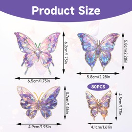 80pcs Holographic Glitter Butterfly Stickers Phone Butterfly Stickers Set, Blue Green Pink Purple Sparkly Crystals Clear Resin Waterproof Stickers Decals for Scrapbooking Journaling Water Bottles