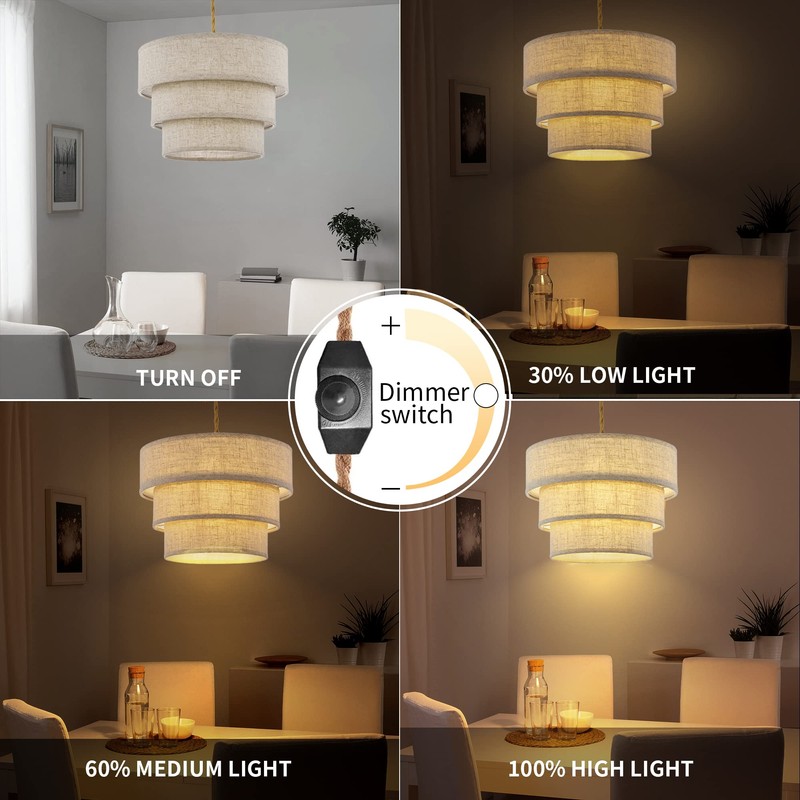 XININSUN 3-Tier Drum Linen Plug in Pendant Light with15ft Hemp