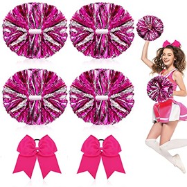 6 Pcs 13 Inch Cheerleading Pom Poms and Large Bows for Girl Cheer Poms Poms, Metallic Cheerleader Poms Poms with Handle, for Softball Dance Cheer (Pink)