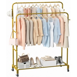 Sooyee Double Rod Clothing Rack with Wheels,3 Tier Garment Racks for Hanging Clothes,Portable Clothes Rack with 4 Hooks for Bedroom,Laundry Room,Gold