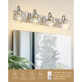 Emak 29 Inch Globe Vanity Lighting Fixtures, Brushed Nickel Bathroom Light Fixtures Over Mirror with Clear Glass Shade, Modern 4-Light Bathroom Vanity Light Wall Sconce, VL118-BN-CG-4