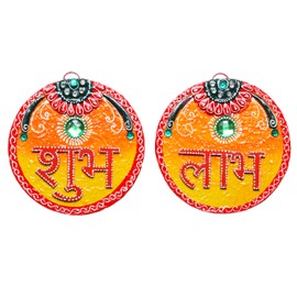 Auspicious Wooden MDF Shubh Labh Wall Hanging Bandanwar Door Wall Hanging for Handmade Indian Traditional Festival Decorations Showpiece for Home Temple Decor(Size :-6'' Inch)(Red,Orange)