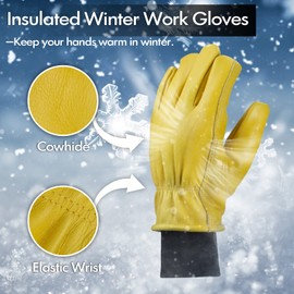 Hocoi Moa Insulated Leather Work Gloves for Men, Windproof Cowhide Winter Work Gloves for Driving Working, Water Resistant (Yellow Insulated, Large)