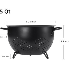 beifeier Metal Colander 5 Quart Self-draining Kitchen Strainer with Base, Double Handles, Pasta Fruit Vegetable Basket (BrightBlack)