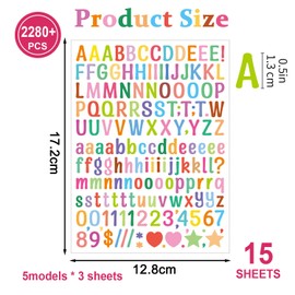 JOOTUEPO 0.5 Inch Small Vinyl Letter Number Stickers, 2280 Pieces Waterproof Vinyl Multi Colour Alphabet Number Stickers for Scrapbooking Craft Signs Decor Poster Cards - 15 Sheets