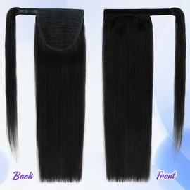 16 Inch Human Hair Ponytail 80g Long Wrap Around Ponytail Natural Black Real Hair Ponytail Extension for Women(16inch,Natural Black)