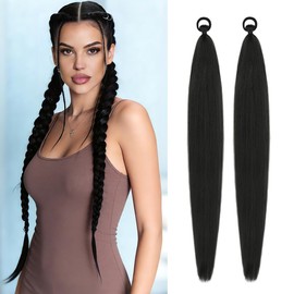 26 Inch Ponytail Extension 2 Pack, Wrap Around Braid Ponytail with Elastic Tie, Long Yaki Straight Sleek Hair Extensions for Women(Black)
