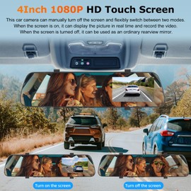 NHOPEEW 1080P Dual Lens Rear View Mirror Camera - 4 Inch Touchscreen Mirror Dash Cam Front and Rear - Exposure Adjustment/Loop Recording/Motion Detection/Parking Assistance + Backup Camera