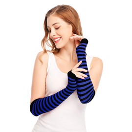 Bienvenu Punk Gothic Rock Long Arm Warmer Fingerless Gloves, Black Blue
