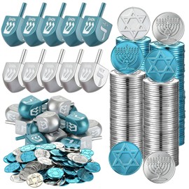 Realspring Hanukkah Gift Set of 200 Pcs Coins and 10 Pcs Wooden Dreidels Gelt Coins Treasure Hunt Treasure Hunt Game Toy Hanukkah Party Supplies, Blue and Gray