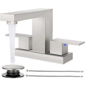 Cobbe Bathroom Faucets for Sink 3 Hole, Brushed Nickel Bathroom Sink Faucet Square 4 Inch Centerset with Pop-Up Drain, 2 Handle and 2 Supply Hoses, Lead-Free Stainless Steel for Vanity, Rv, Farmhouse