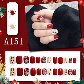 Christmas False Nails with Glue, Christmas Fake Nails Press on Nails, Red Burgundy White Short Square French Stick on Nails for Women and Girls Nail Art Decoration Accessories, #151