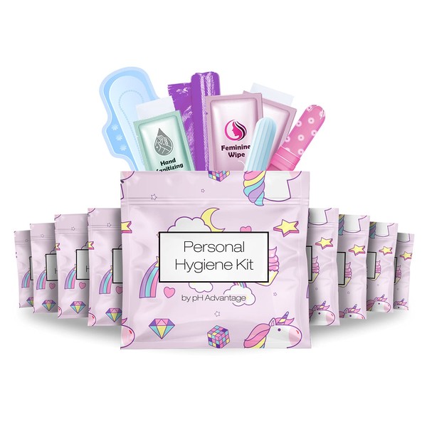 Menstrual Kit All-in-One 10 Pack | Convenience on The Go | Period Kit Pack for Travelling, Tweens & Teenager | Individually Wrapped Feminine Hygiene Product (Rainbows and Unicorns)