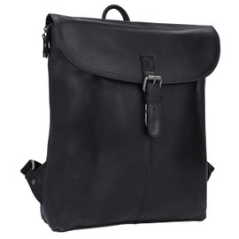 Gusti Kieran Leather Messenger Backpack with Zip and Buckle Anti-Theft for Men and Women - Black Silver Buckle