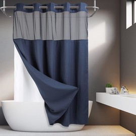 No Hooks Required Dotted Waffle Weave Shower Curtain with Snap in Liner - 71W x 74H,Hotel Grade,Spa Like Bath Curtain,Navy