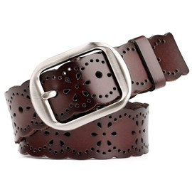 Jasgood Genuine Leather Belt, Women's Belt, Cowhide Leather, Lightweight, Soft, Casual Belt, Floral Pattern, Leather Belt, Gift, 04Coffee-A