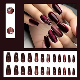 24 Pcs Valentine's Day Press on Nails Short Coffin - MINGCHUN Wine Red Fake Nails Press ons Nail Tips Flowers Glitter Design Full Cover False Nails Glue on Nails Stick on Nails Acrylic Nail Art Kit