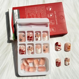 24Pcs Christmas Nails Press on Nails Short Square Cute Xmas Fake Nails Santa Claus Snowflake Design Acrylic Nails Supply Christmas Buffalo Plaid False Nails Stick on Nails for Women Girls DIY Manicure
