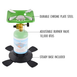 Flame King Bottle Top Single Cooking Camp Burner with Lightweight Base Stand, for Use with 16.4 ounce Propane Gas Cylinders (not included) - Green