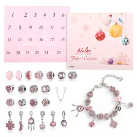 Naler 24-Piece Charms Advent Calendar Pink Jewellery Pendant Glass Beads with Chains and Bracelet for Christmas