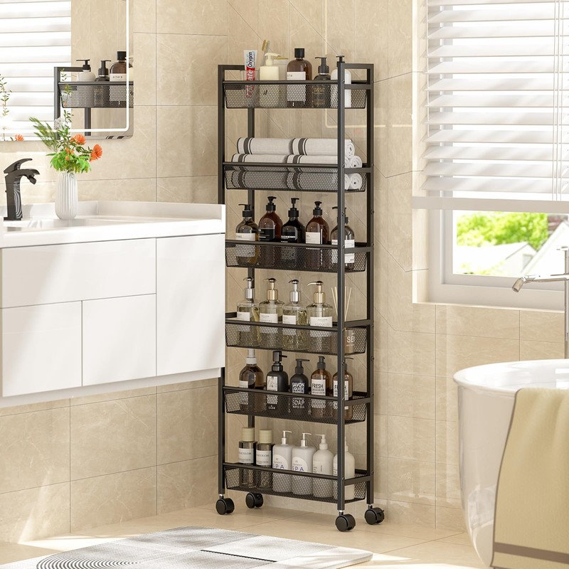 ThreeHio 6 Tier Slim Storage Cart, Narrow Cart with Wheels,