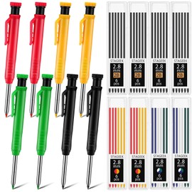 MotiMind 8 pack 2.8mm Mechanical Carpenter Pencils with 48 Refills, Construction Pencils with Built-in Sharpener, Long Nib Deep Hole Marker, Heavy Duty Woodworking Tools(Black+yellow+red+green)