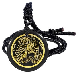 TUMBEELLUWA Engraved Archangel Saint Michael's Holy Shield Healing Crystal Necklace for Protection Black Obsidian Stone Pendant with Adjustable Cord for Women Men