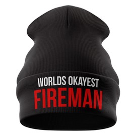 Purple Print House Worlds Okayest Fireman Hat - Beanie Hat - Workwear Gifts for Him - Winter Beanie Hat with a Fire Fighter Joke Embroidered On The Front, One Size, Black