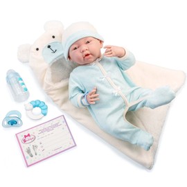JC Toys - La Newborn Nursery | 8 Piece Bunting Soft Body Baby Doll Gift Set | 15.5" Life-Like Soft and Posable Newborn Doll with Accessories | Blue Bear| Light Blue | Ages 2+ (18790)
